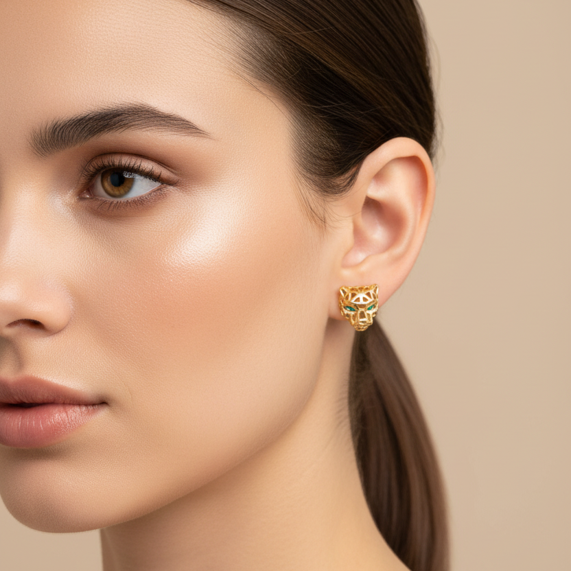 14k Yellow Gold Panther Head Stud Earrings