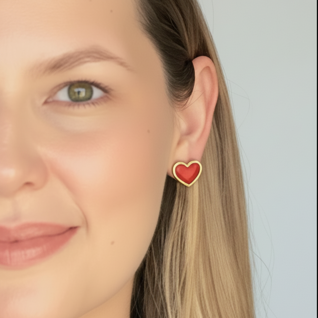 14k Yellow Gold and Enamel Red Heart Stud Earrings