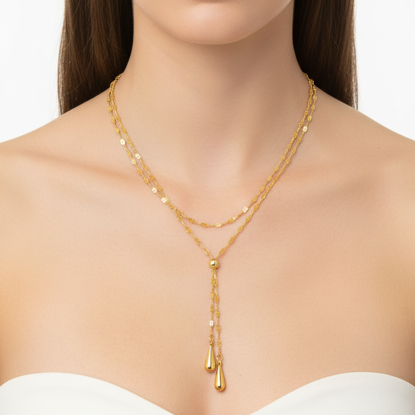 14k Yellow Gold Double Strand Chain with Puffed Heart Lariat Necklace