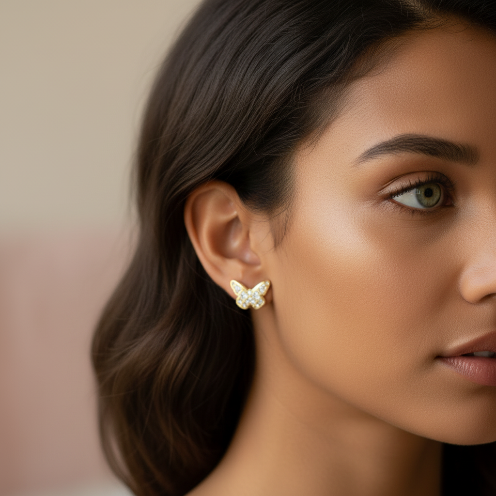 Checkered Butterfly Earrings in 14K Yellow Gold