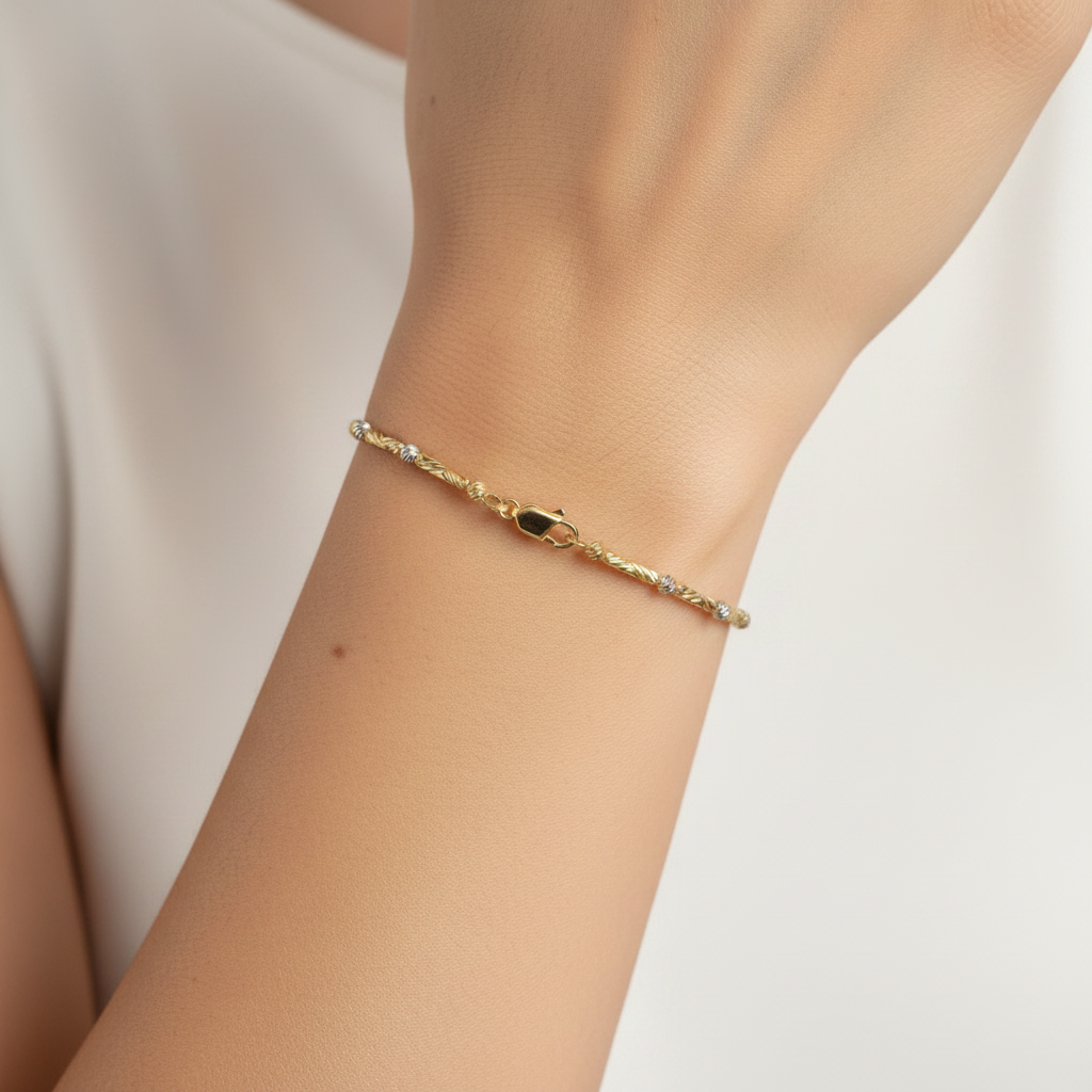 Two Tone Bar and Bead Bracelet in 14K Gold