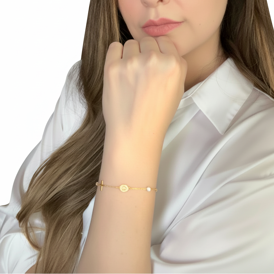 14k Tri Color Gold Bracelet with Crosses Cubes and Medallions