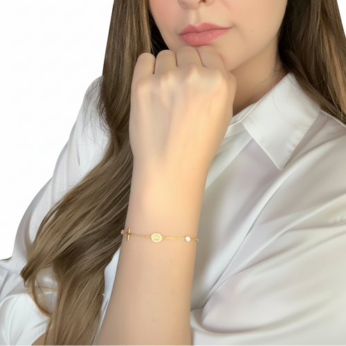 14k Tri Color Gold Bracelet with Crosses Cubes and Medallions