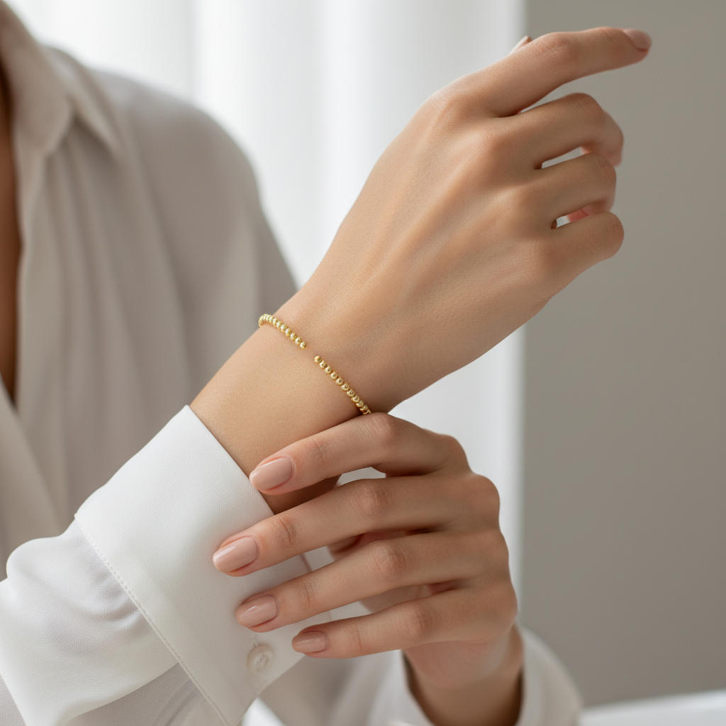 14k Yellow Gold High Polish Bead Cuff Bangle