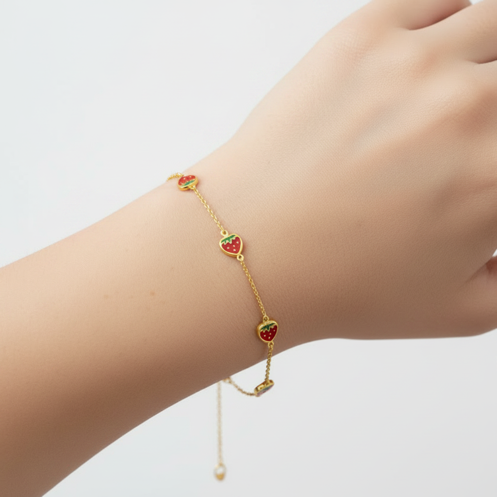 Pulsera de Fresas para Niña en Oro Amarillo 14K
