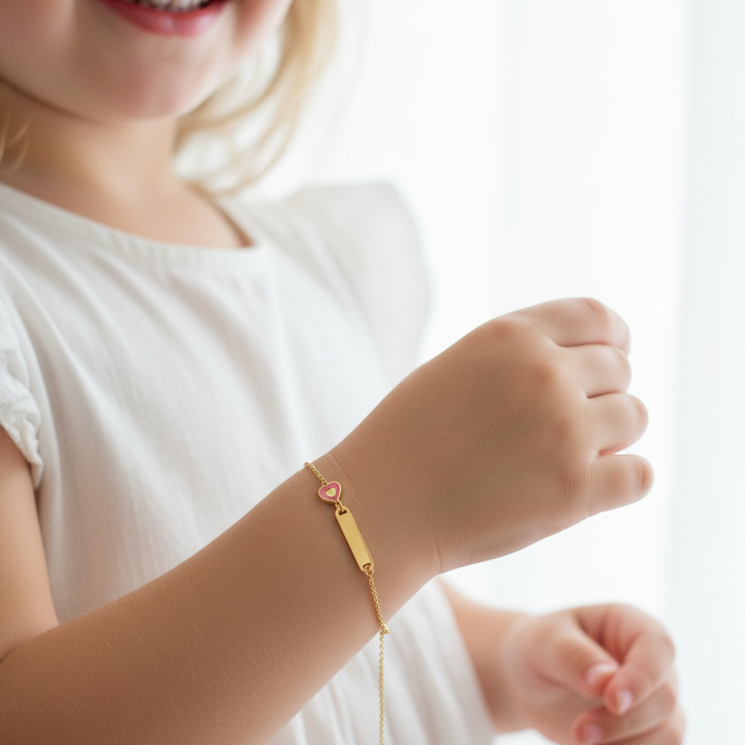 Pulsera de Identificación para Niña con Corazón en Oro Amarillo 14K – 5½ Pulgadas