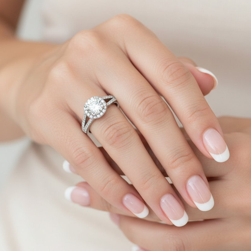 Anillo de Compromiso de Oro Blanco 14K con Diamante Halo y Aro Doble – Diamante Redondo