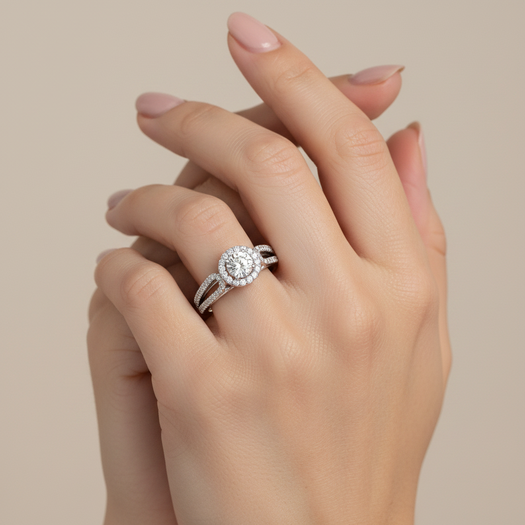 Anillo de Compromiso de Oro Blanco 14K con Diamante Redondo y Halo, Diseño de Aro Doble