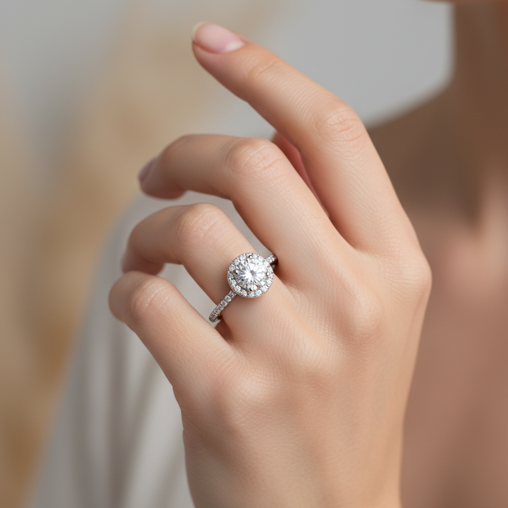 Anillo de Compromiso de Oro Blanco 14K con Diamante Halo