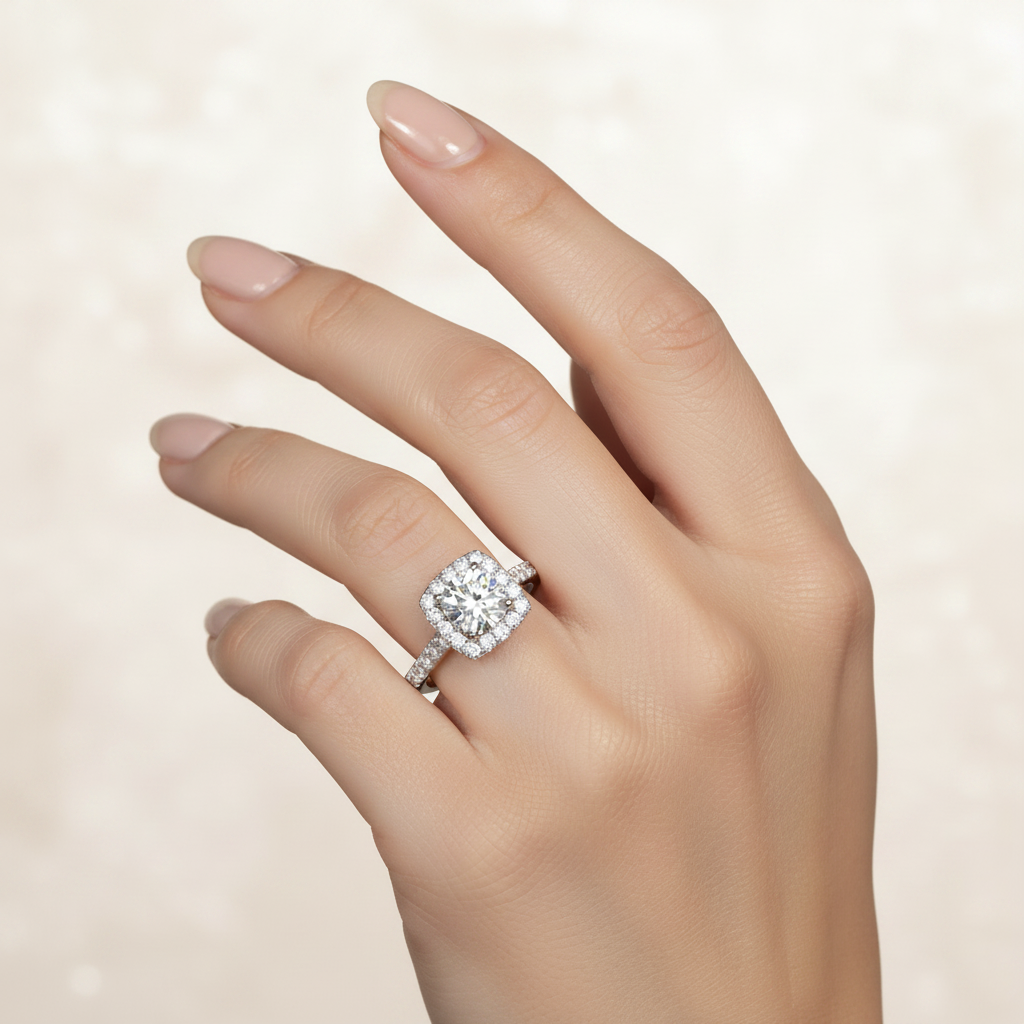 Anillo de Compromiso con Diamante Redondo, Contorno Cuadrado en Oro Blanco 14k (3/4 qt.)