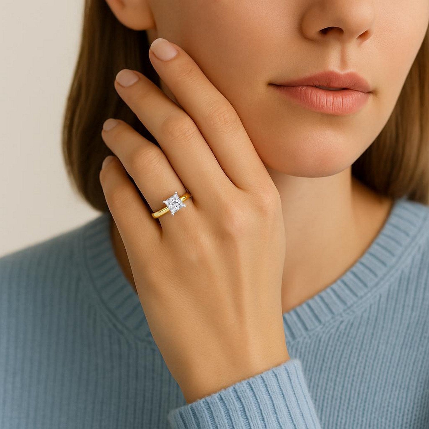 1.50Ct Princess Lab Grown IGI G/VS1 Diamond Ring in 14K Yellow Gold