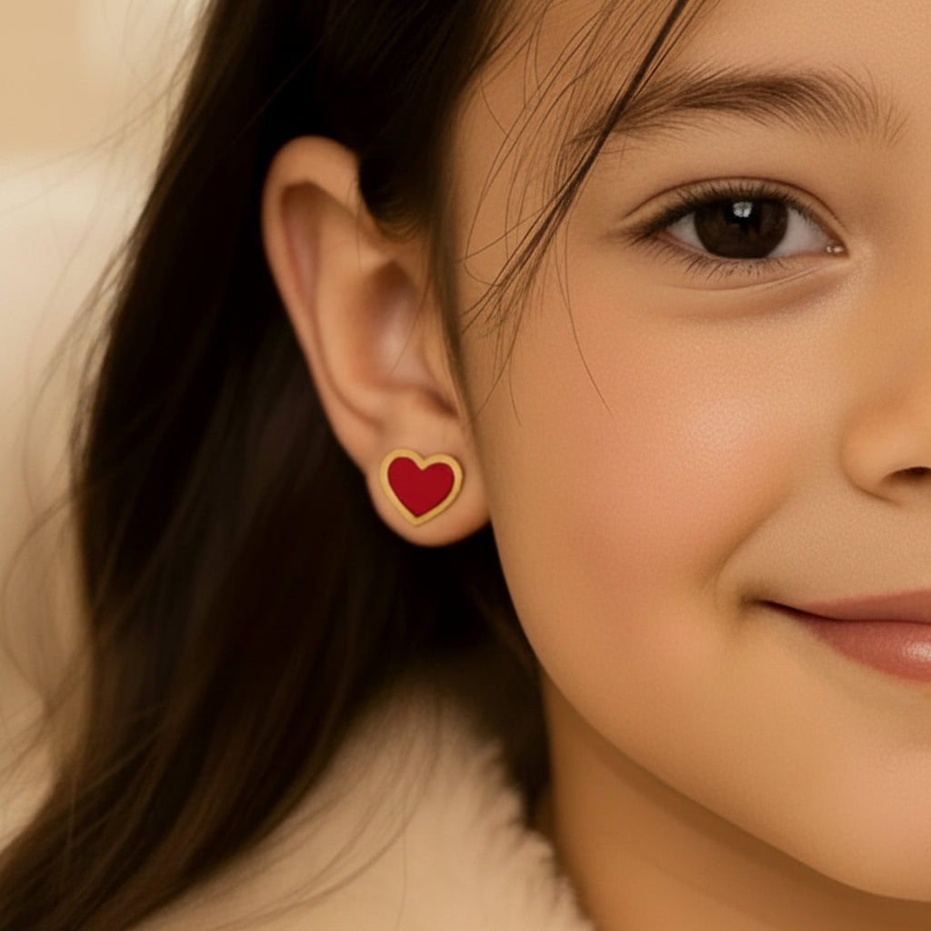 14k Yellow Gold and Enamel Red Heart Stud Earrings