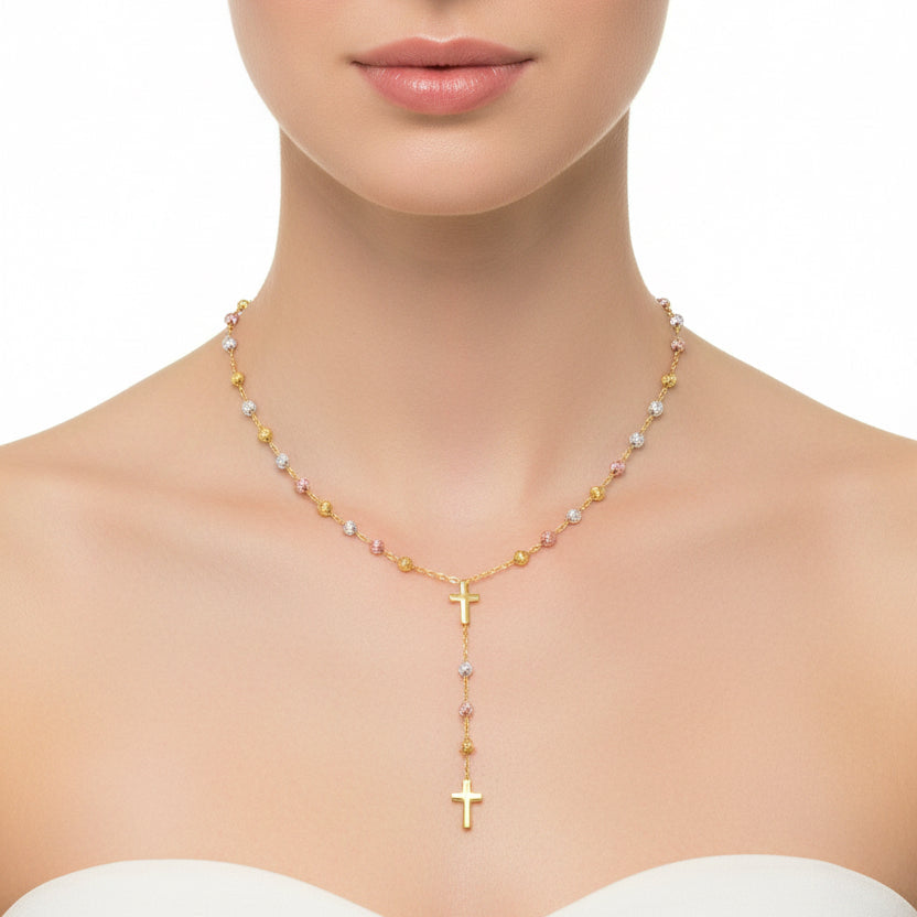 14k Tri-Color Gold Rosary Chain Necklace