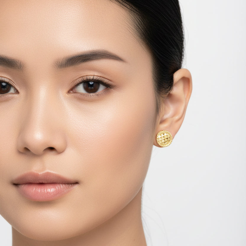 14k Yellow Gold Textured Circle Post Earrings