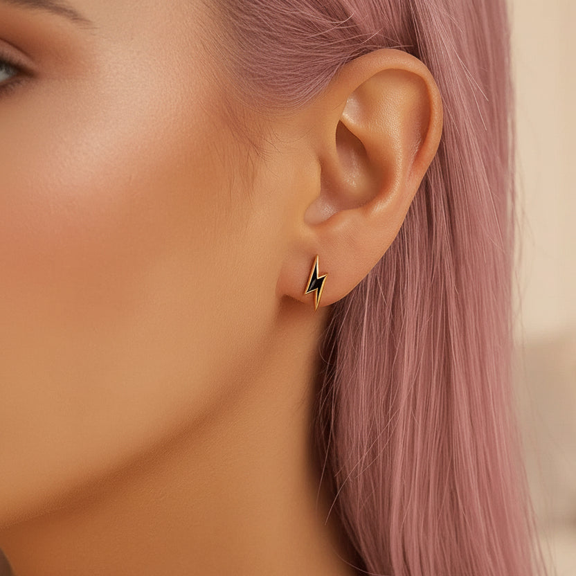 14k Yellow Gold and Enamel Black Lightning Bolt Stud Earrings