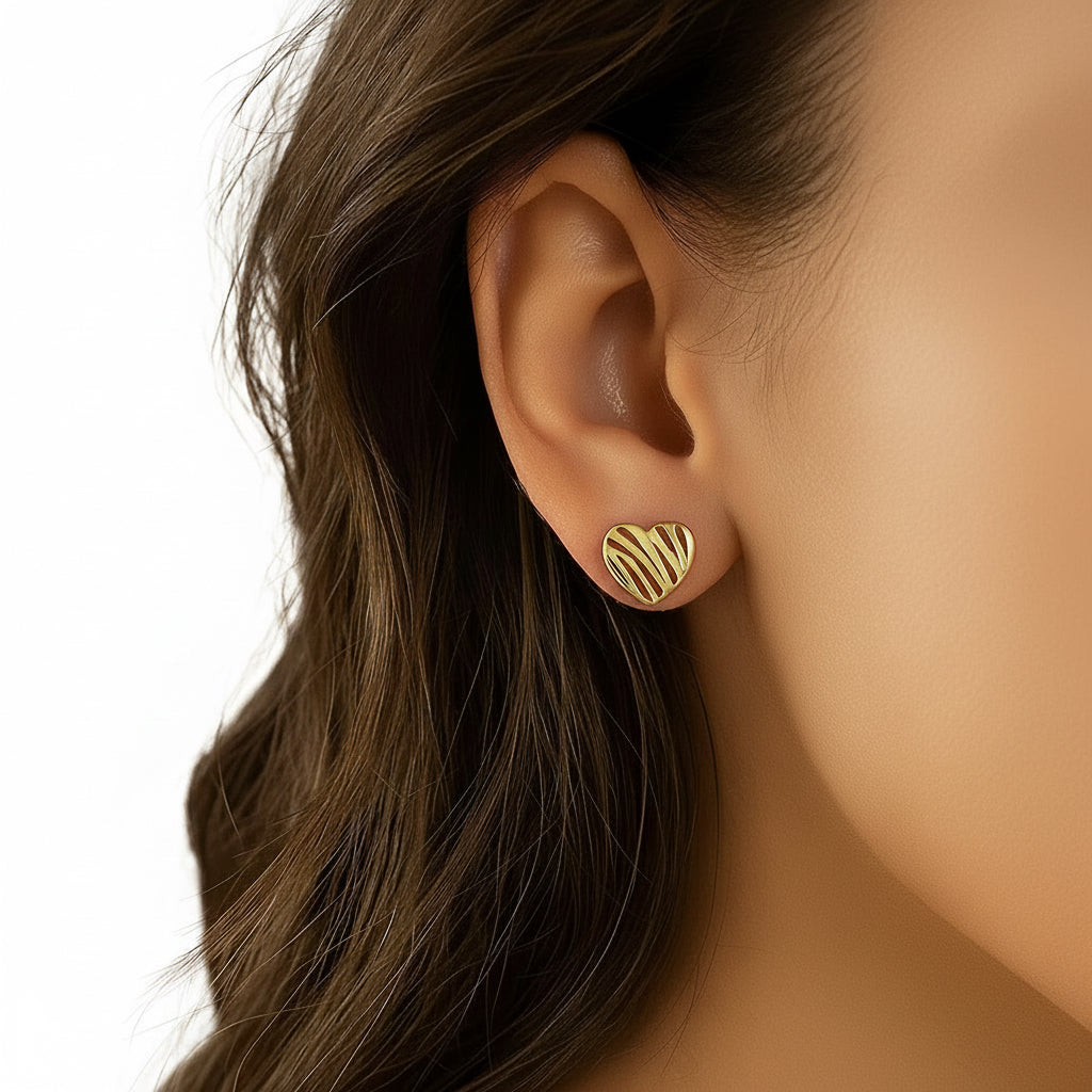 14K Yellow Gold High Polish Scribble Heart Stud Earrings
