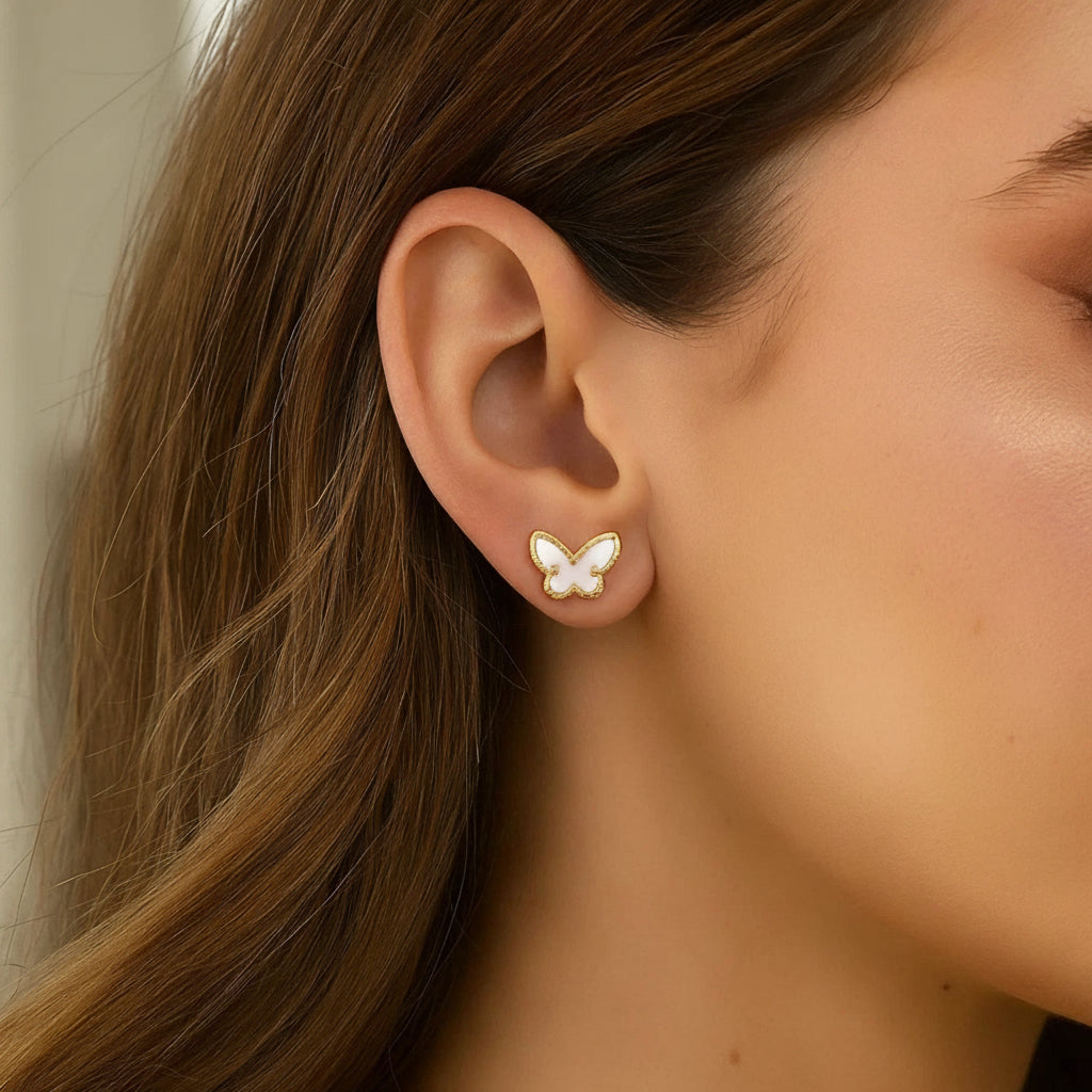 14K Yellow Gold Mother of Pearl Butterfly Stud Earrings