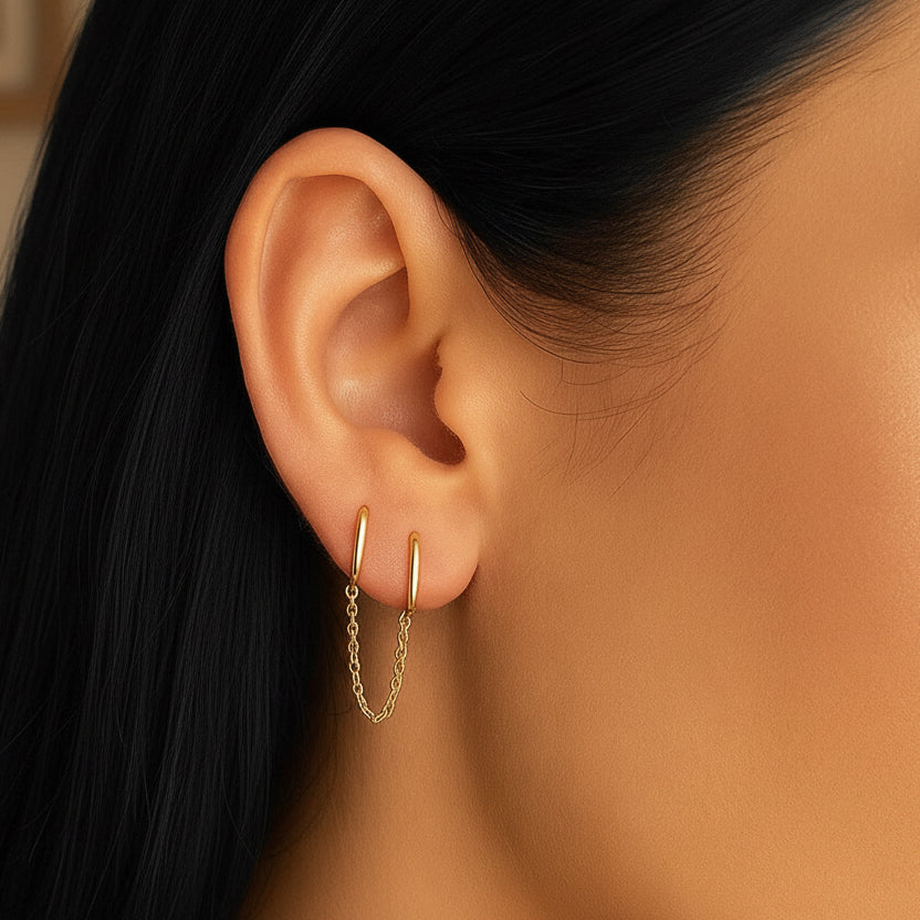 14k Yellow Gold Two Hole Huggie Style Hoop Earrings