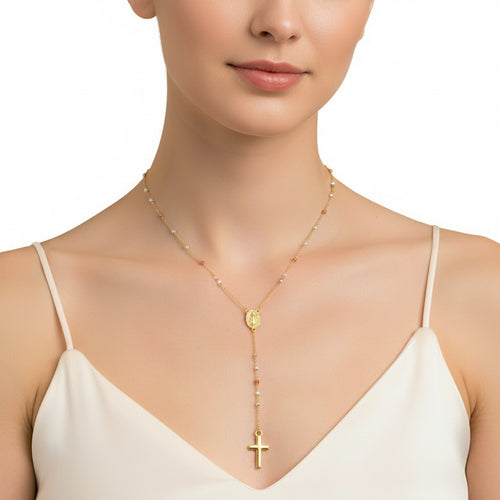 14k Tri Color Gold Lariat Rosary Necklace