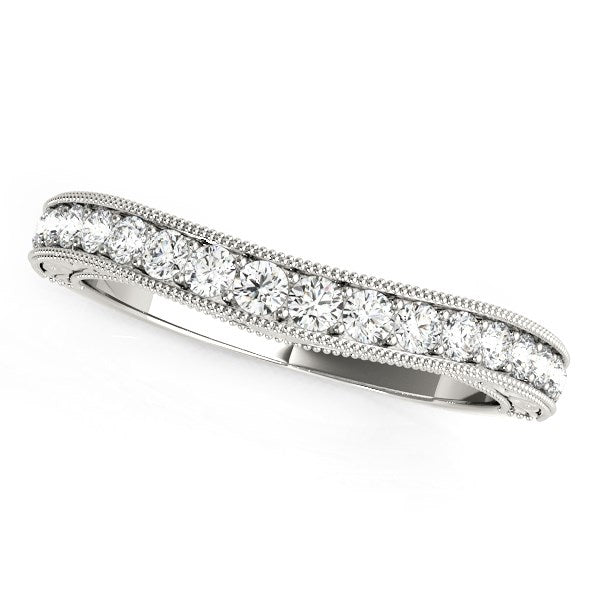 Alianza de Boda de Oro Blanco 14K con Diamantes y Borde Milgrain Curvo